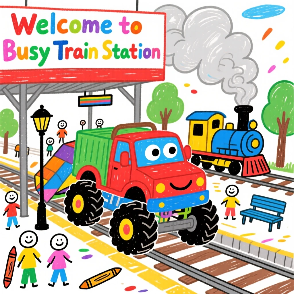 A rugged monster truck loading up at a bustling train station.