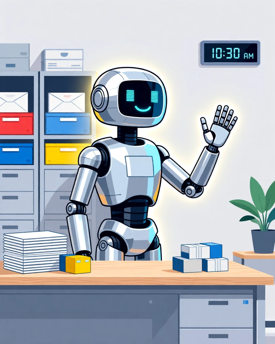 A robot postal carrier delivering mail with a friendly wave, set within a calm, organized workspace, framed with soft glowing light highlighting key details, with sleek metallic textures catching soft light.