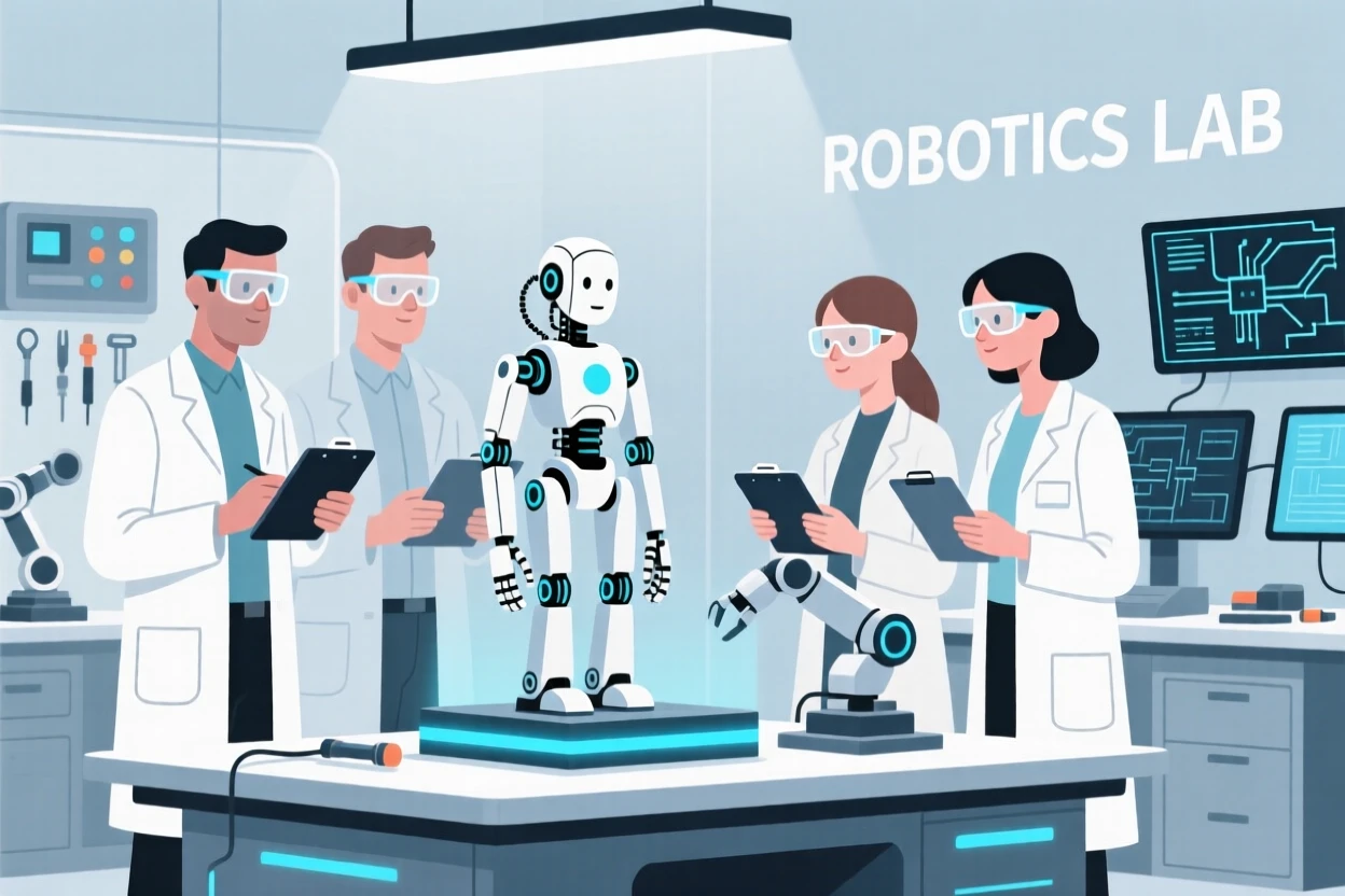 A team of scientists monitoring an experiment in a modern robotics workshop.