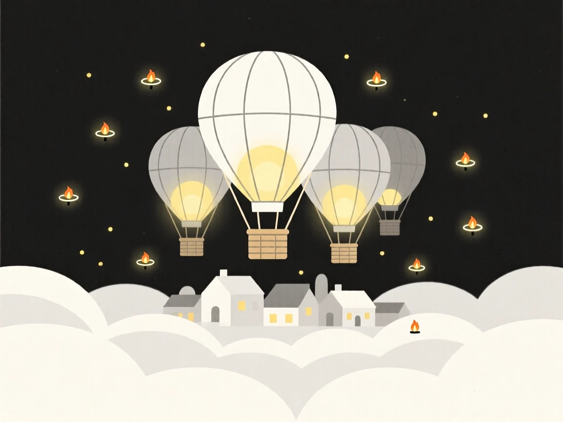 A lantern-lit hot air balloon village floating above a world made entirely of clouds, surrounded by tiny glowing fireflies, radiating wondrous imagination.