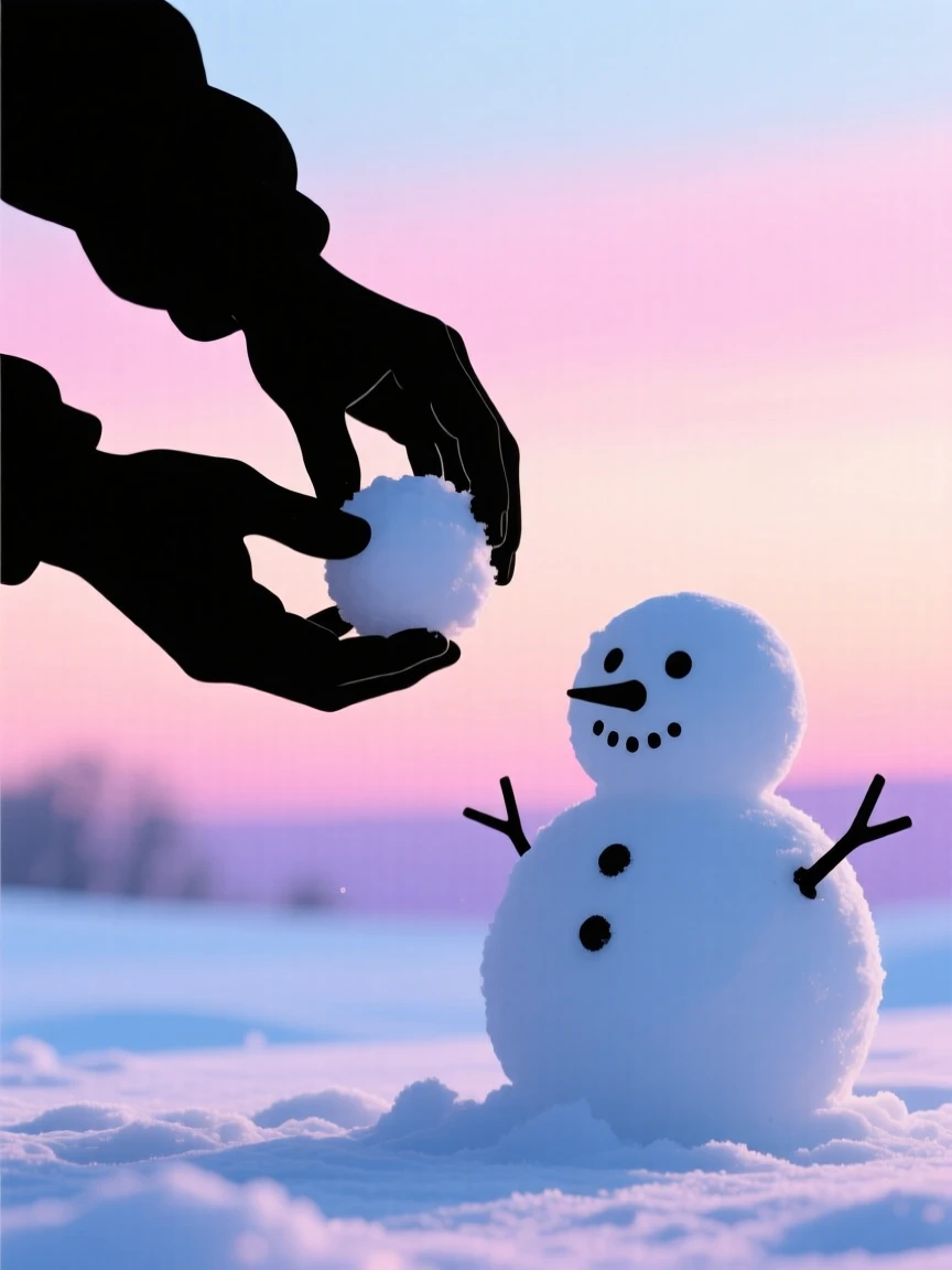 A pair of hands shaping a snowball beside a half-built snowman.