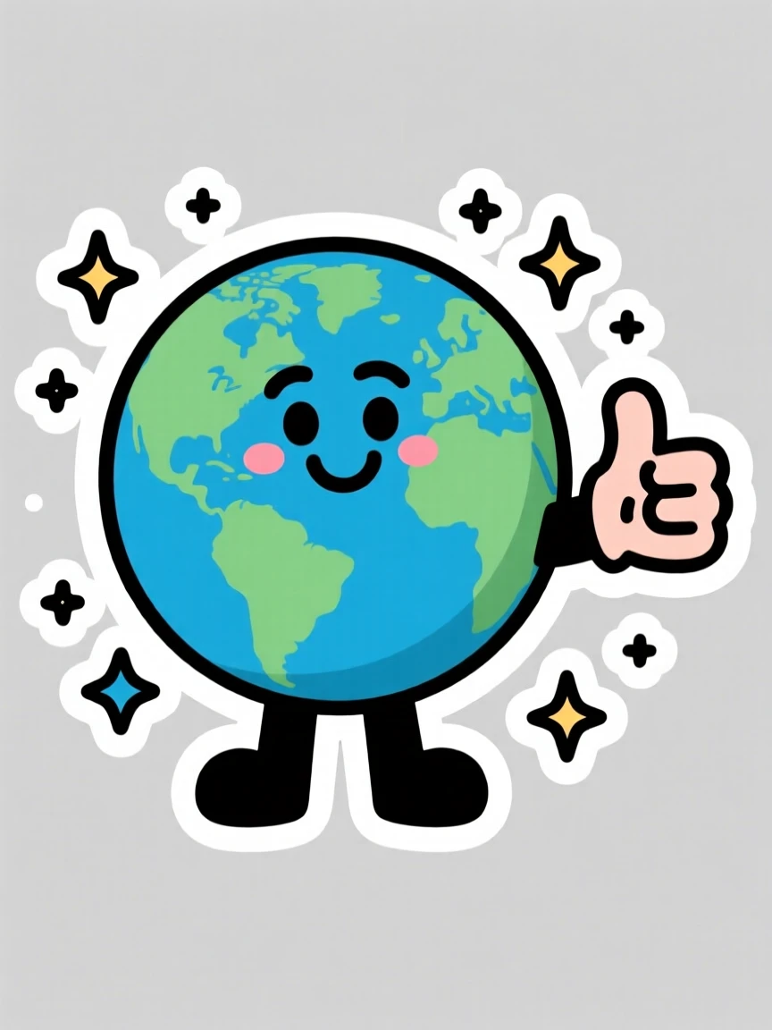 A bright and friendly happy planet Earth character giving a thumbs up, surrounded by sparkles of curiosity, designed to make learning fun.