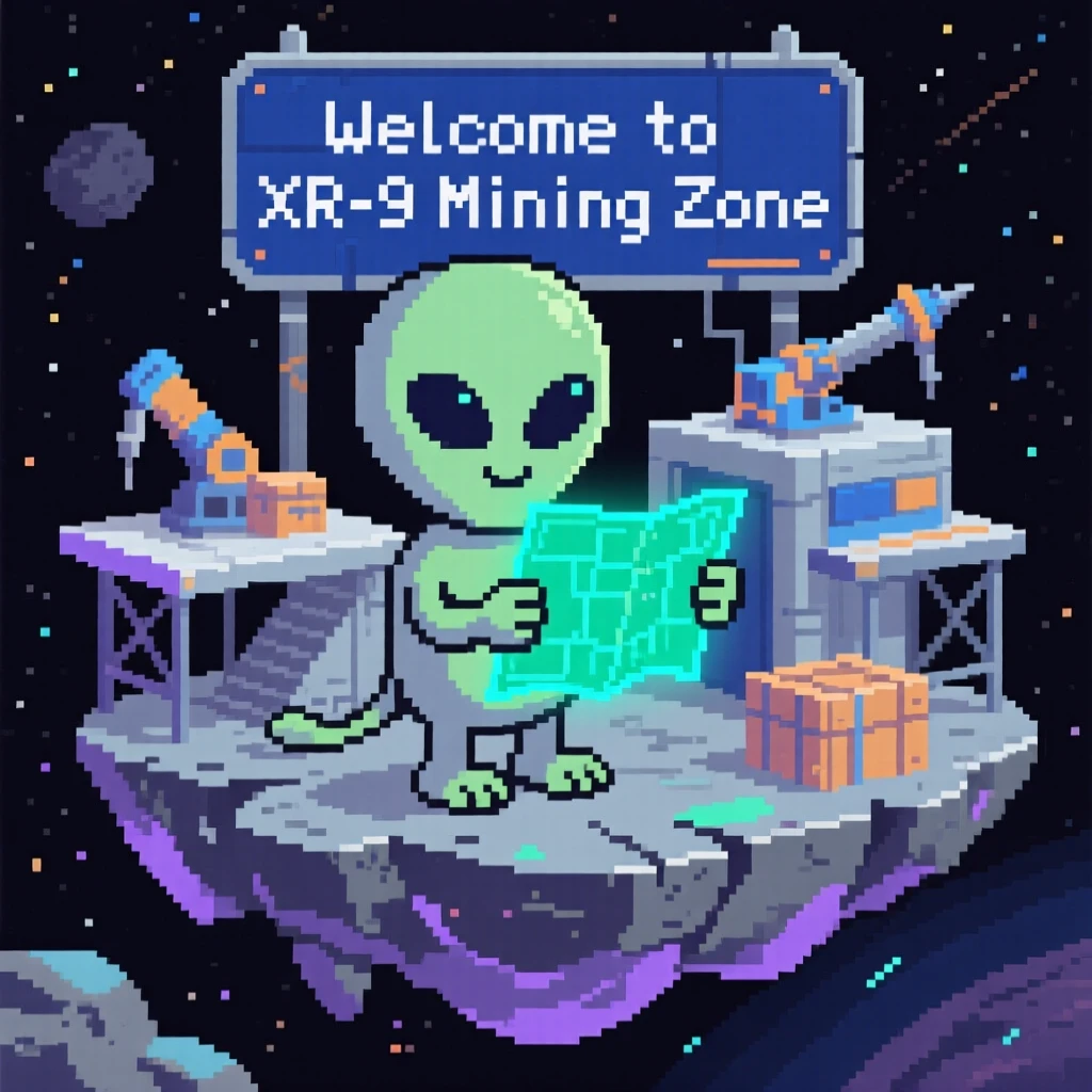 A friendly alien creature with big eyes mapping out an unexplored alien landscape, on a floating asteroid mining outpost.