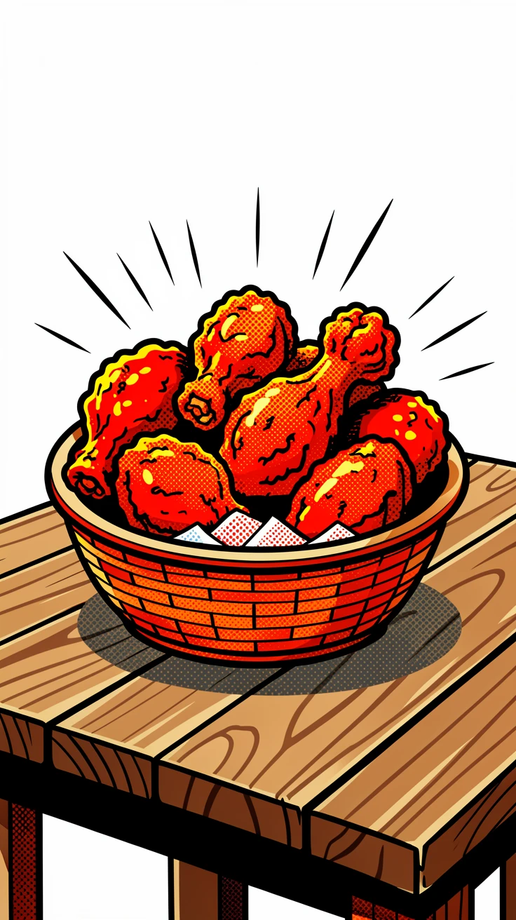 A basket of late-day fried chicken presented beautifully on a rustic wooden table