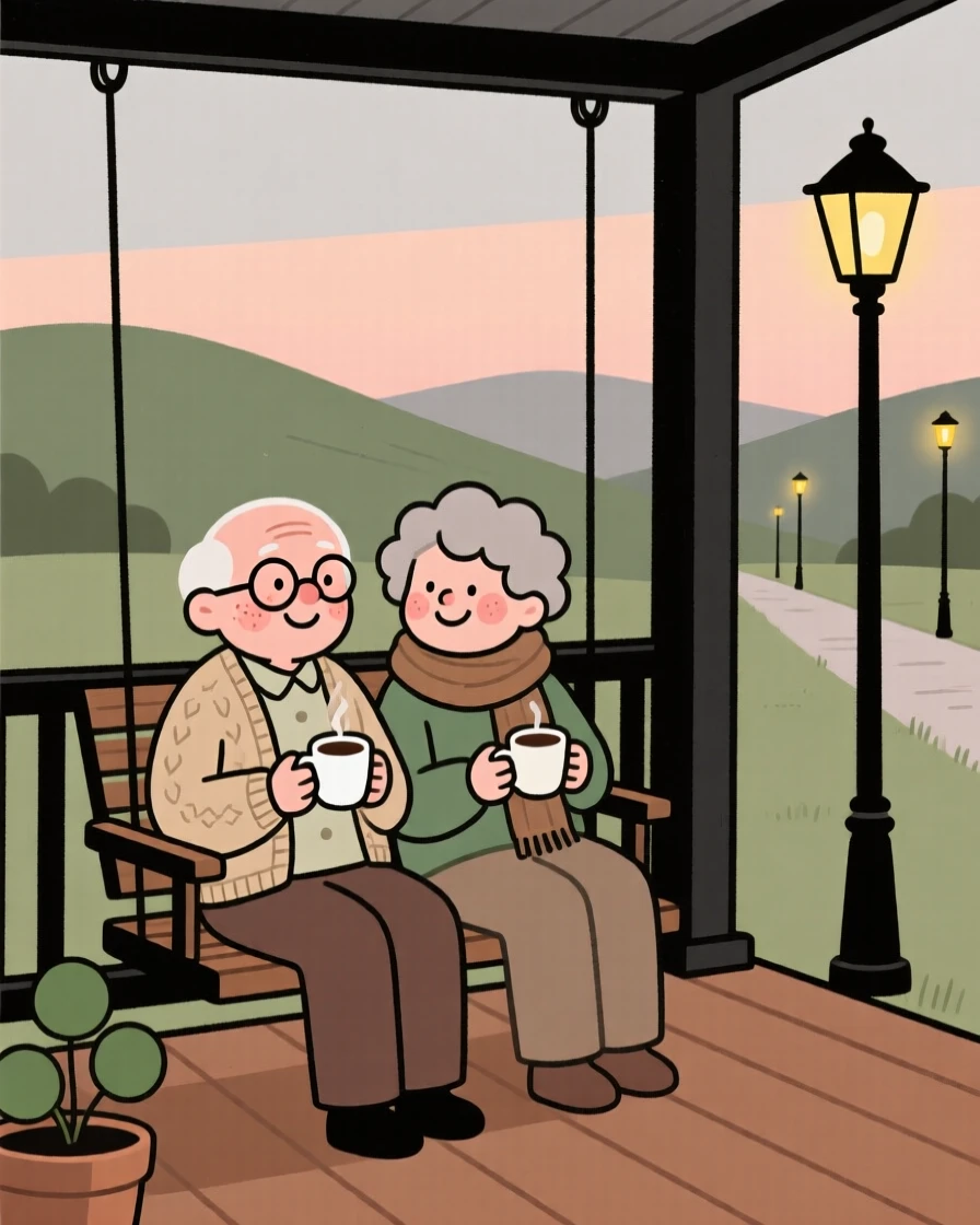 Two old friends sit on a porch swing overlooking the rolling hills, sharing cups of coffee and easy laughter as the streetlights flicker on one by one.
