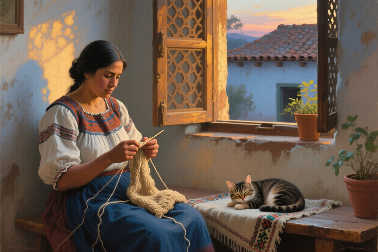 A tightly framed close-up of a woman knitting while her cat naps in a sunbeam nearby, in colonial Mexico, at dusk.