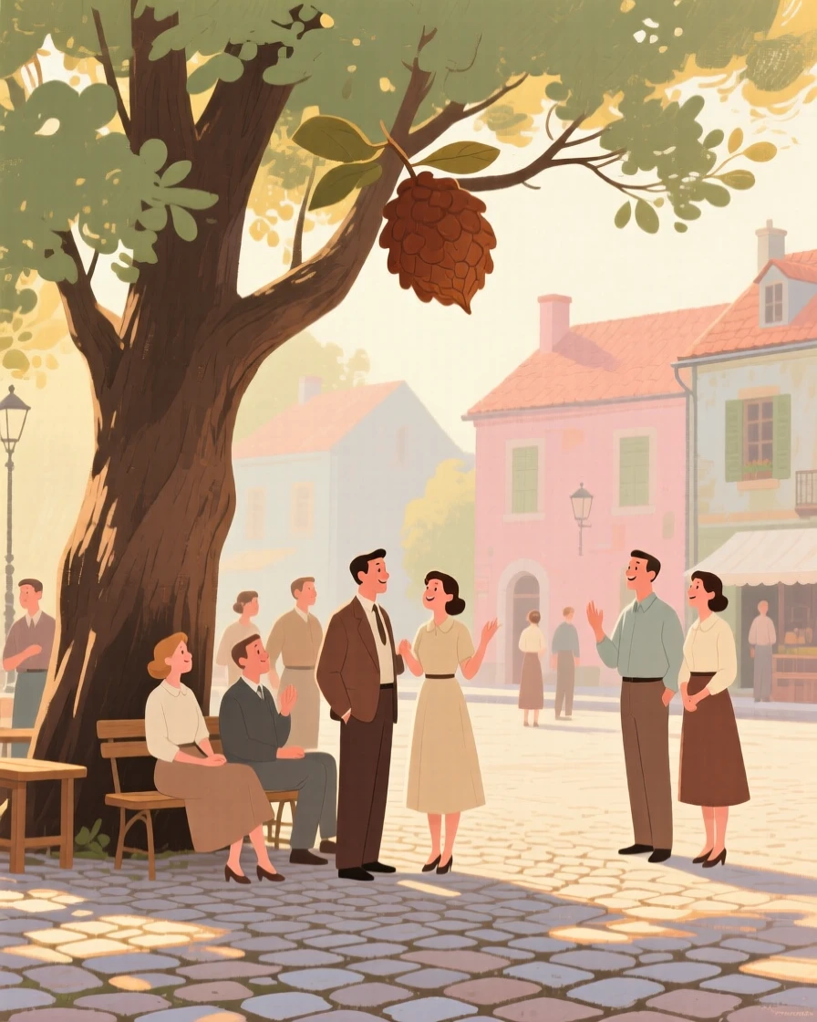 A cobbled square where townsfolk gather beneath an old chestnut tree