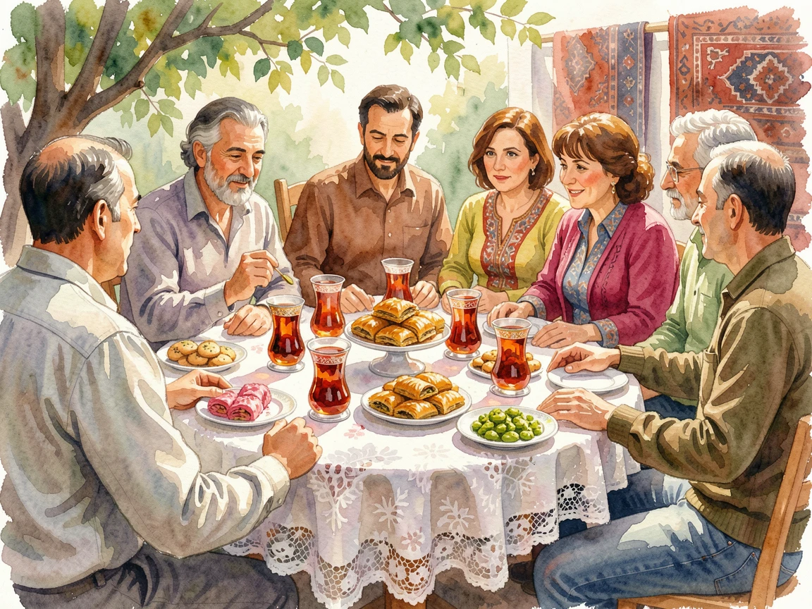 A Turkish tea gathering with ornate glasses and pastries as the community gathers together in celebration.
