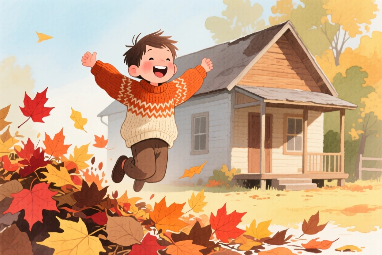 A boy in a knitted sweater jumps through piles of autumn leaves beside a family cabin, laughter and joy filling the warm afternoon air