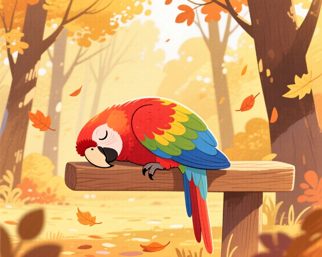 A colorful parrot on a perch resting peacefully in a golden autumn woodland on a crisp autumn afternoon.