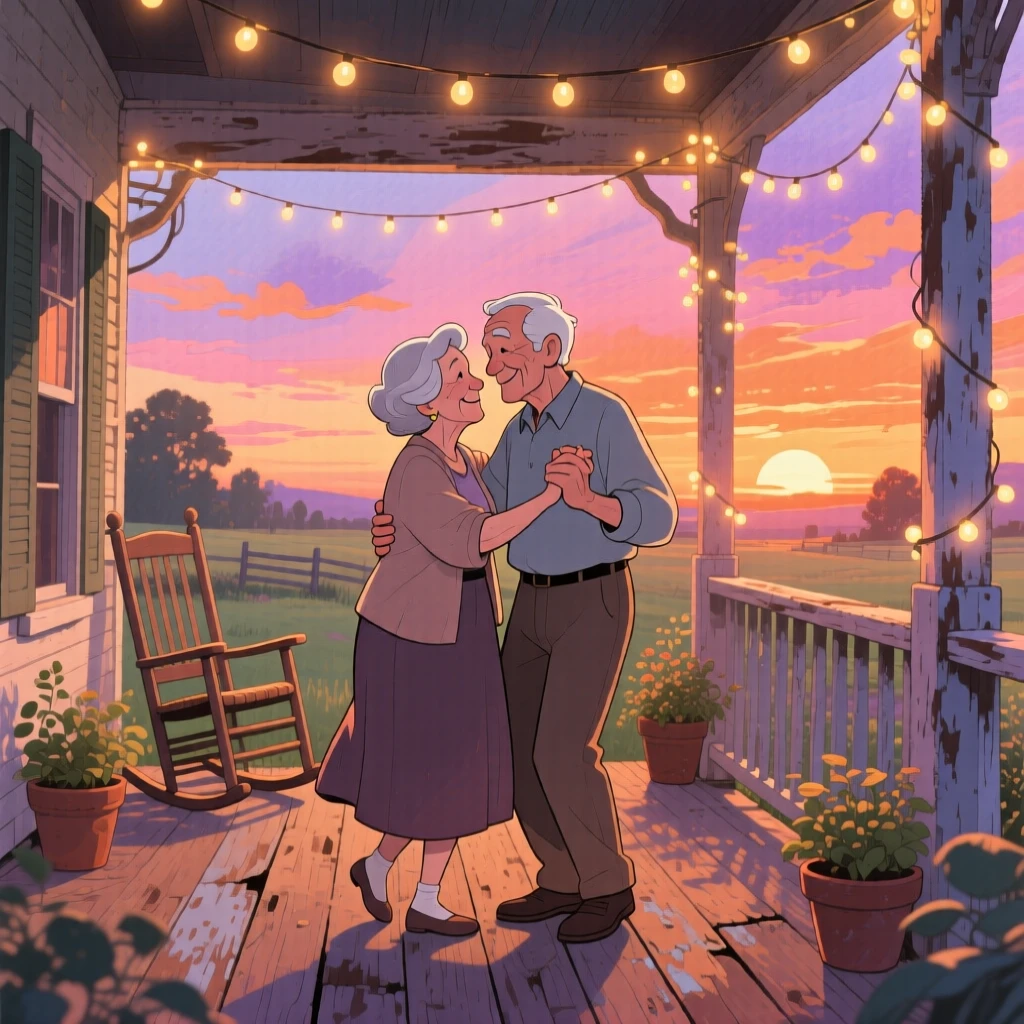 An elderly couple slow dancing on their porch at sunset, in a rustic country porch strung with lights, with twinkling fairy lights strung overhead, enduring love after a lifetime together.