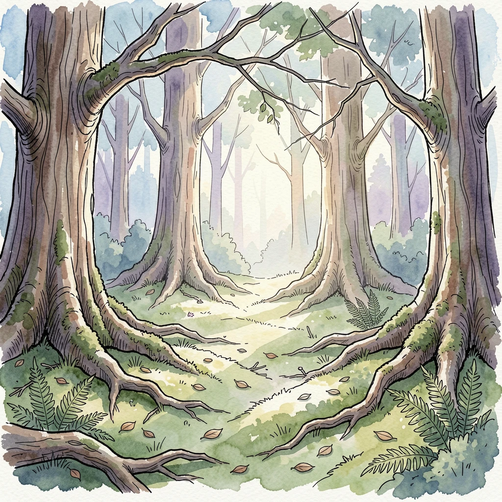 A sunlit clearing in an old growth forest carpeted with soft green moss, the scene bathed in the soft blue light of early dawn.