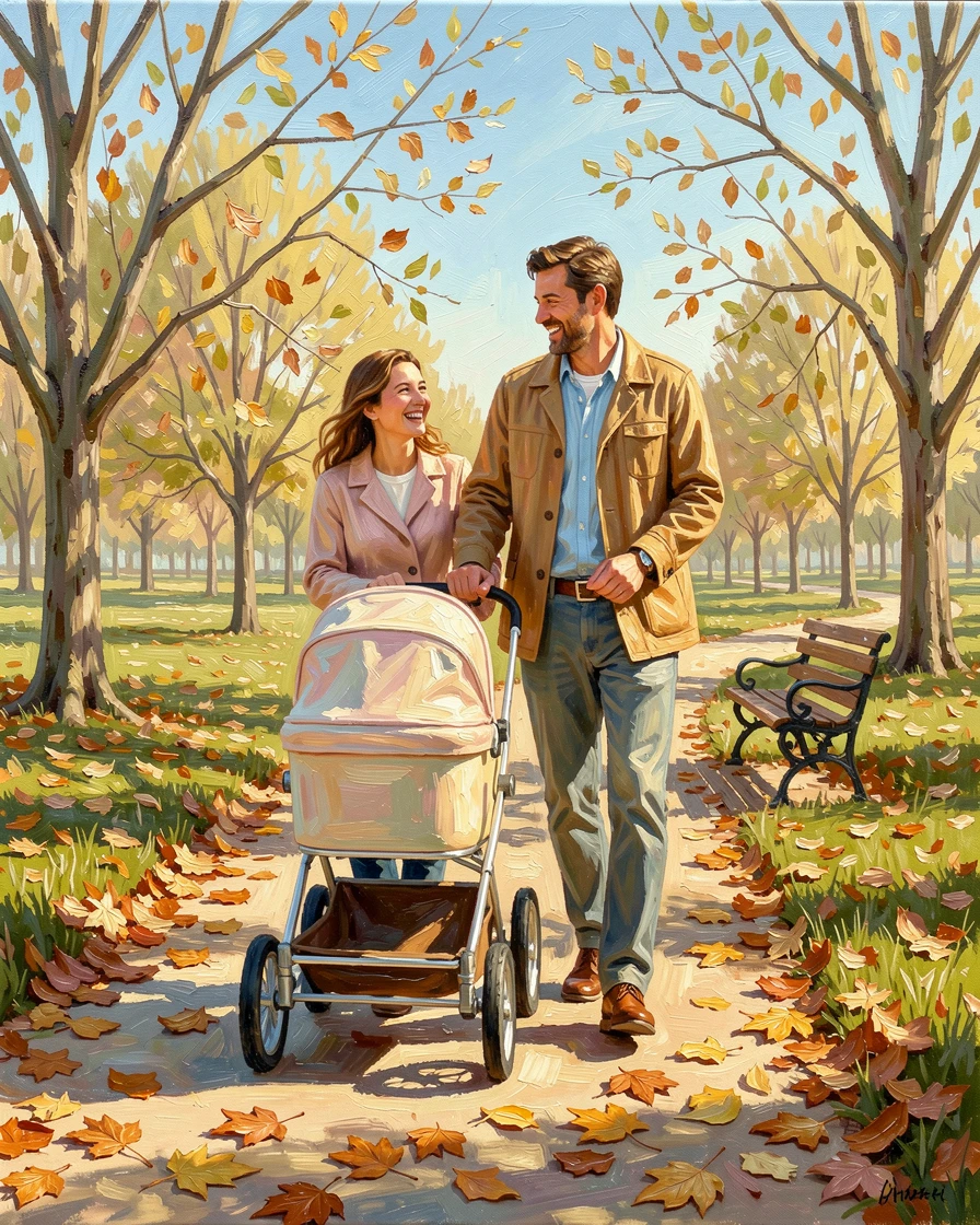 In a park scattered with fallen autumn leaves, parents pushing a stroller through a sunlit park, laughter shared over a simple, joyful moment, on a bright, cheerful spring morning.