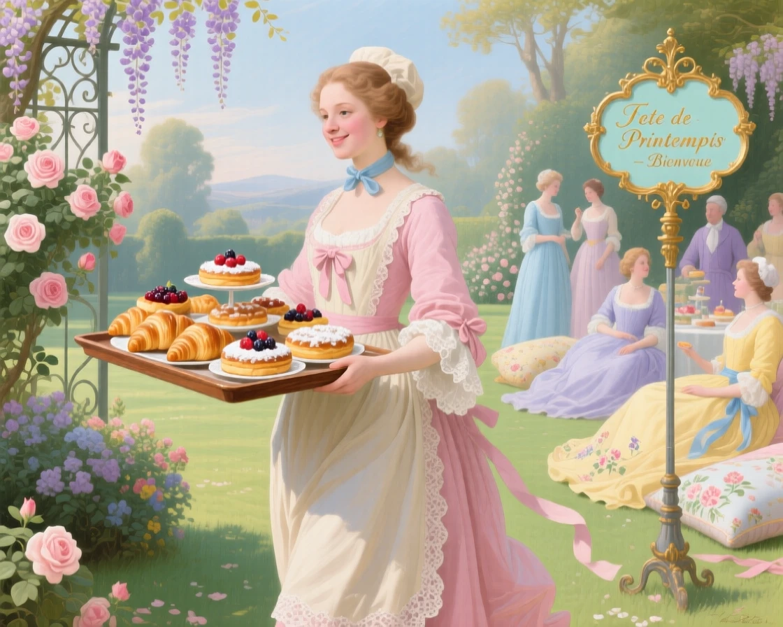 A country baker carrying fresh pastries to a garden celebration  