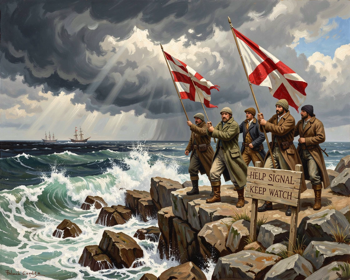A crew of sailors signals from a rocky shoreline battered by waves beneath a sky heavy with storm.