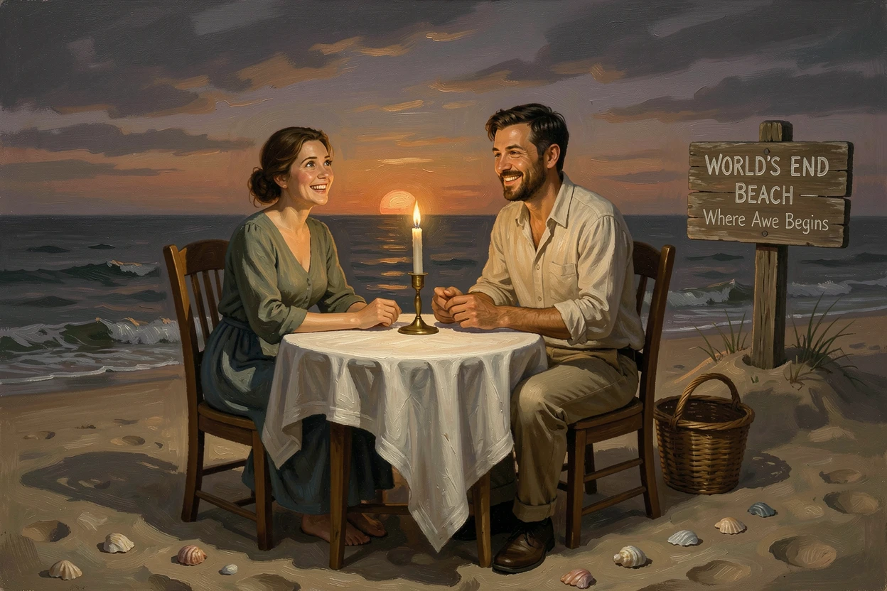 A couple enjoying a candlelit dinner on a beach as the sun sets over the ocean, with genuine joy and awe visible on every face, radiating the thrill of seeing the world's most incredible places