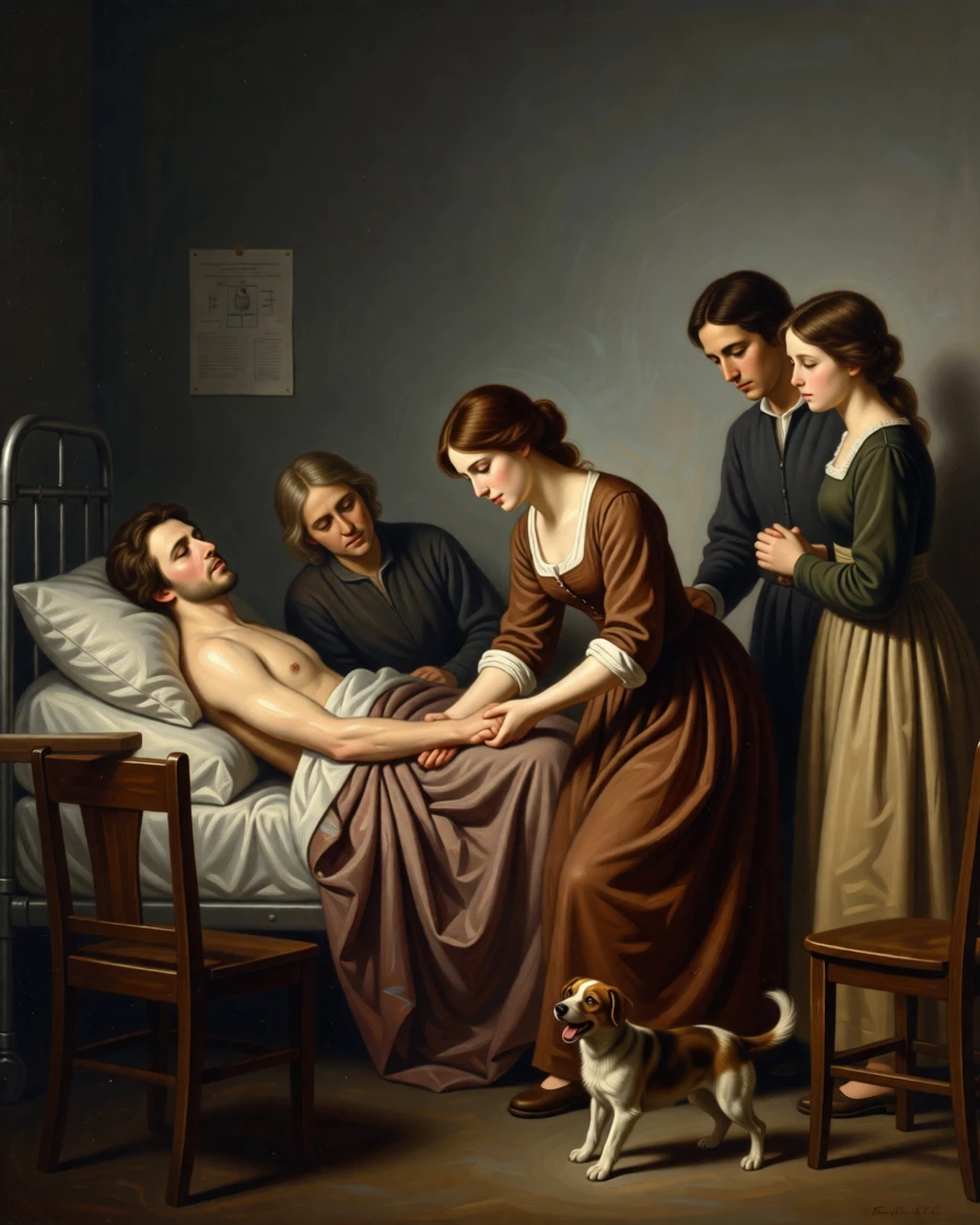 A young woman comforting an injured stranger by the roadside as the weight of years finally lifts, set in a dimly lit hospital ward at the edge of dawn, with a small dog circling excitedly at the family's feet; the surrounding onlookers form a soft frame around the emotional core, overflowing with tenderness, relief, and quiet triumph.