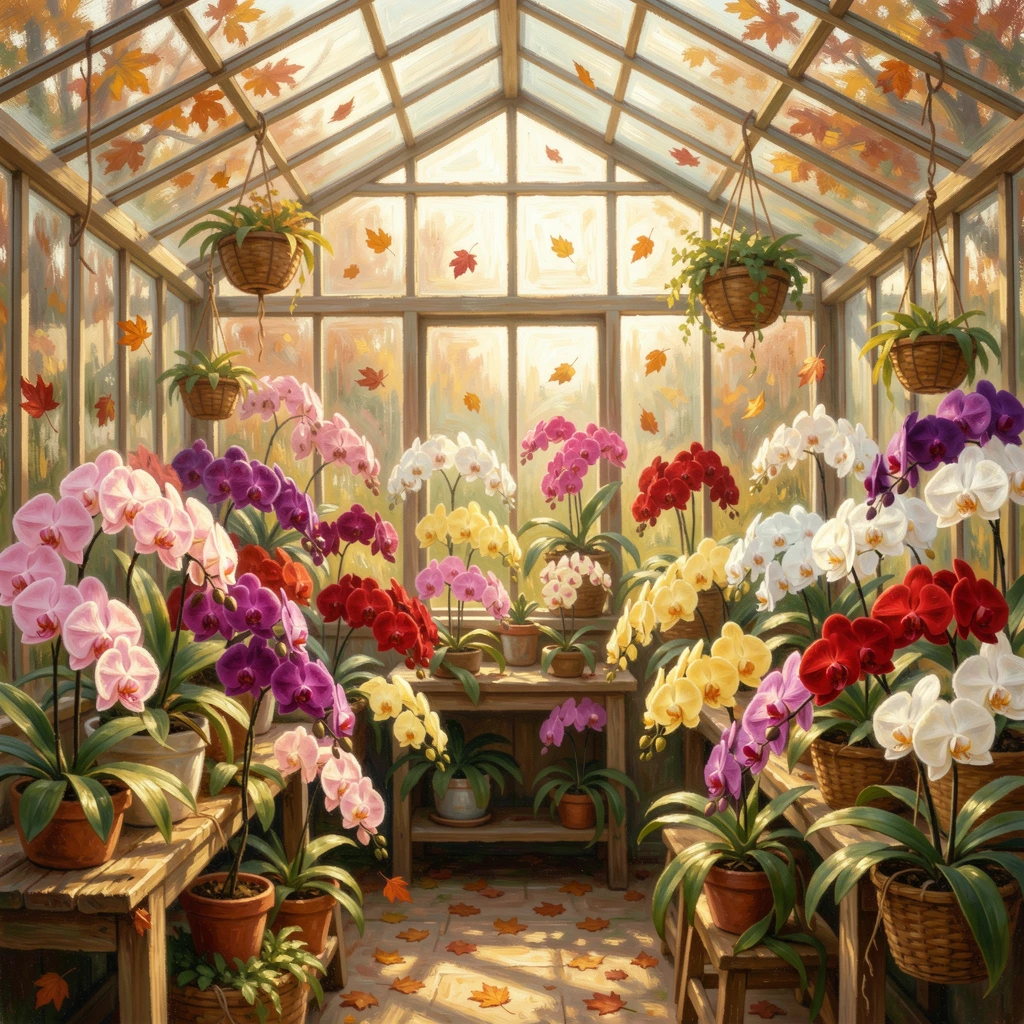 A greenhouse filled with orchids of every color, sunlight filtering through glass panels onto delicate petals, as autumn leaves begin to fall, filled with a cozy, comforting atmosphere.