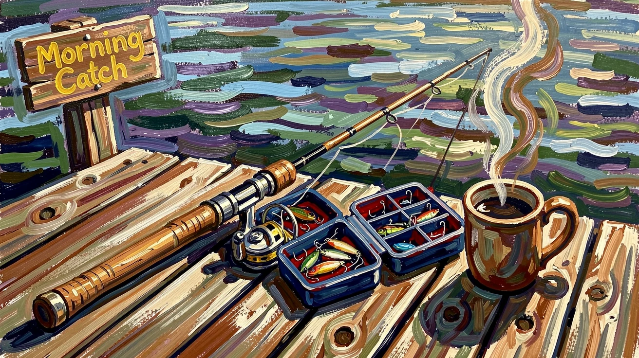 A still life of a fishing rod, tackle box, and morning coffee on a lakeside dock.