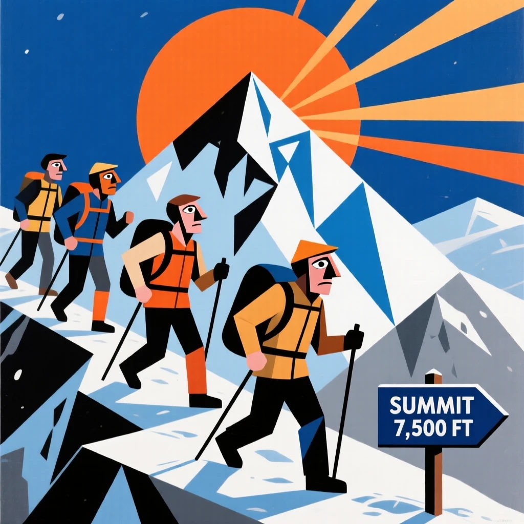 An energetic scene of a group of hikers reaching a mountain summit at sunrise, captured on a crisp winter morning.
