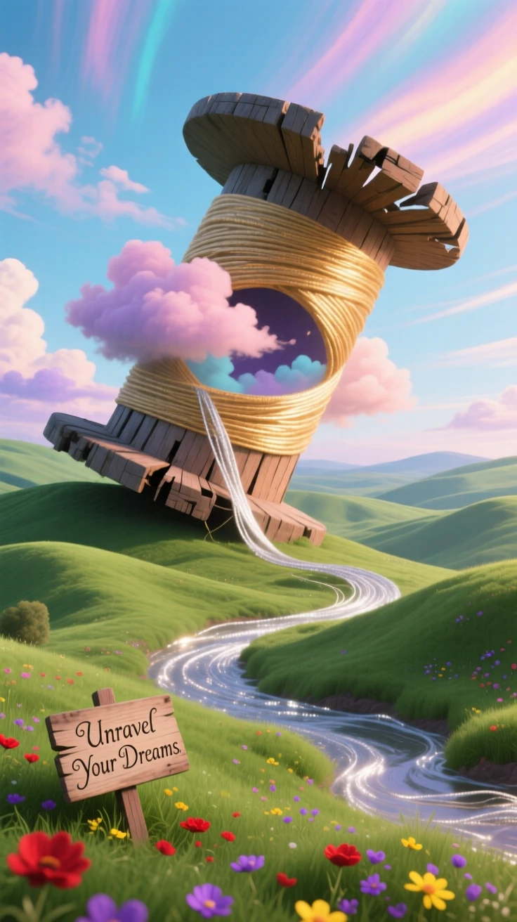 A massive spool of thread unraveling across rolling green hills sits abandoned beneath a sky streaked with soft pastel clouds, as clouds drift slowly through gaps in its structure.