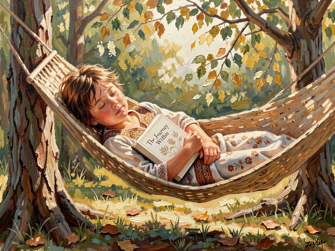 A child sleeps peacefully in a hammock strung between two trees, a book resting open on their chest in dappled afternoon sunlight, their surroundings offering subtle clues about culture, place, and the moment being lived.