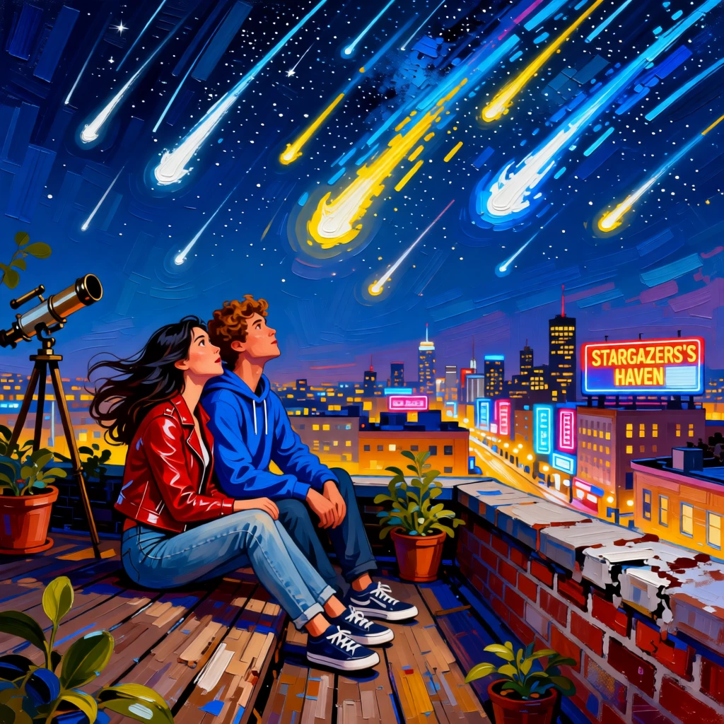 Two friends watching a meteor shower from a city rooftop, skyline glittering below