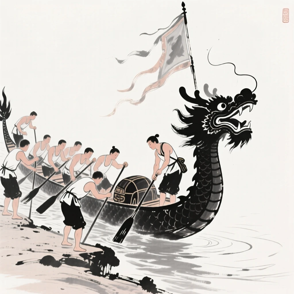 A team prepares their dragon boat at the riverbank before the festival race begins, with flags fluttering from the boats' carved prows.