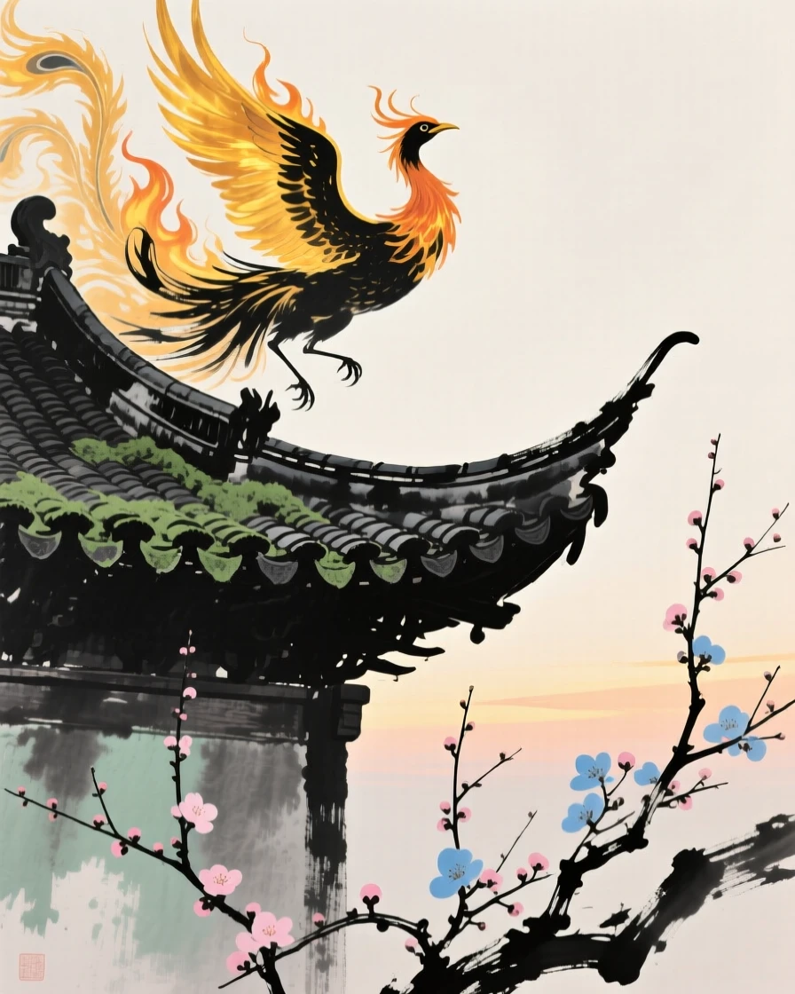 A phoenix rising in flames of golden light above an ancient temple roof, as the last plum blossoms cling to bare branches, in the quiet hour before sunrise.