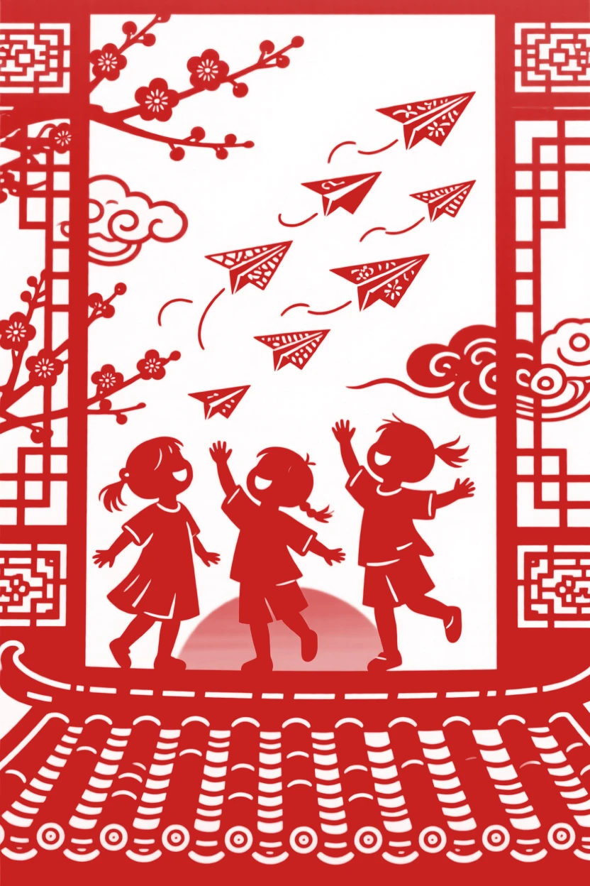 Children flying a swarm of small paper airplanes off a rooftop terrace at sunset, laughter echoing below