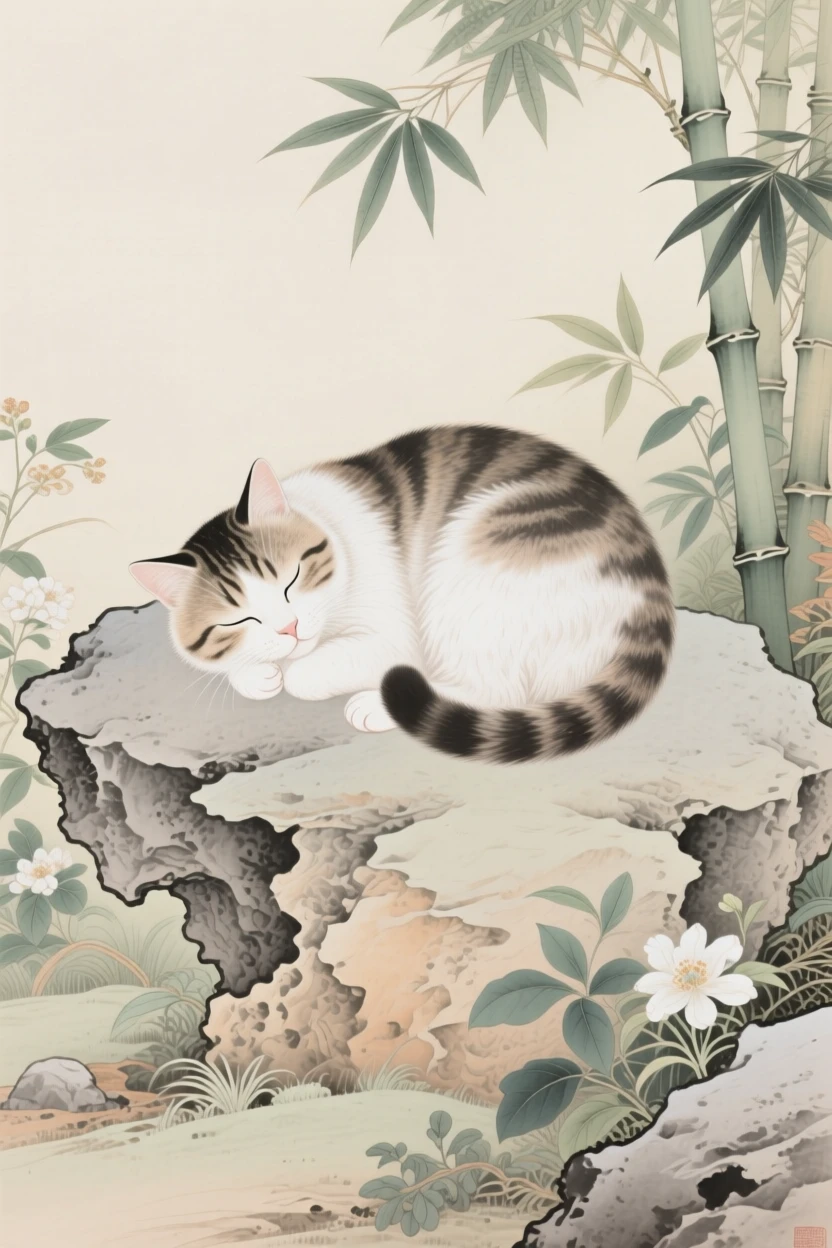 A cat curled up asleep curled up on a sun-warmed garden rock