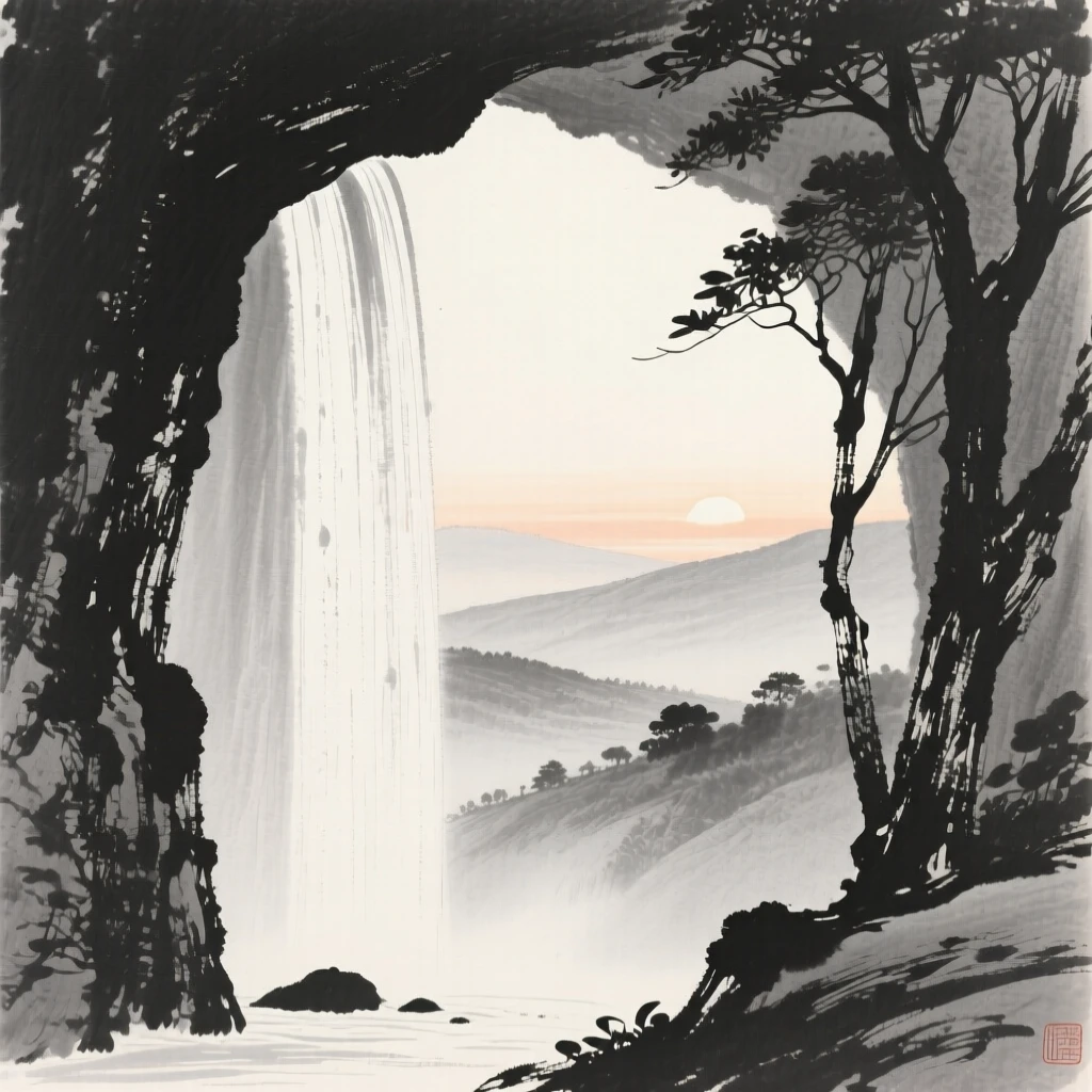A hidden grotto behind a curtain of falling water at first light, when the world is still hushed and grey, framed through a gap in the trees, revealing the valley beyond, conveying calm reflection and gentle isolation.