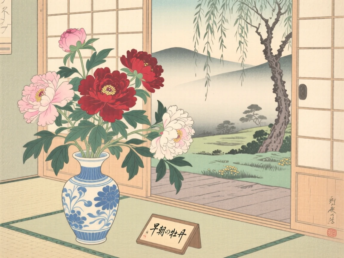 A vase of blooming peonies cooling in the early morning breeze.