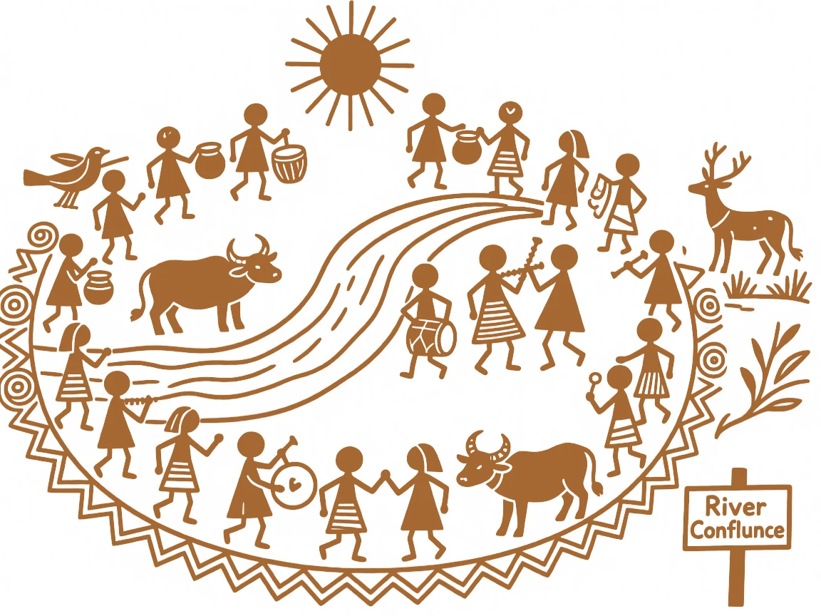 A composition centered on a river confluence point encircled by a procession of animals and villagers.