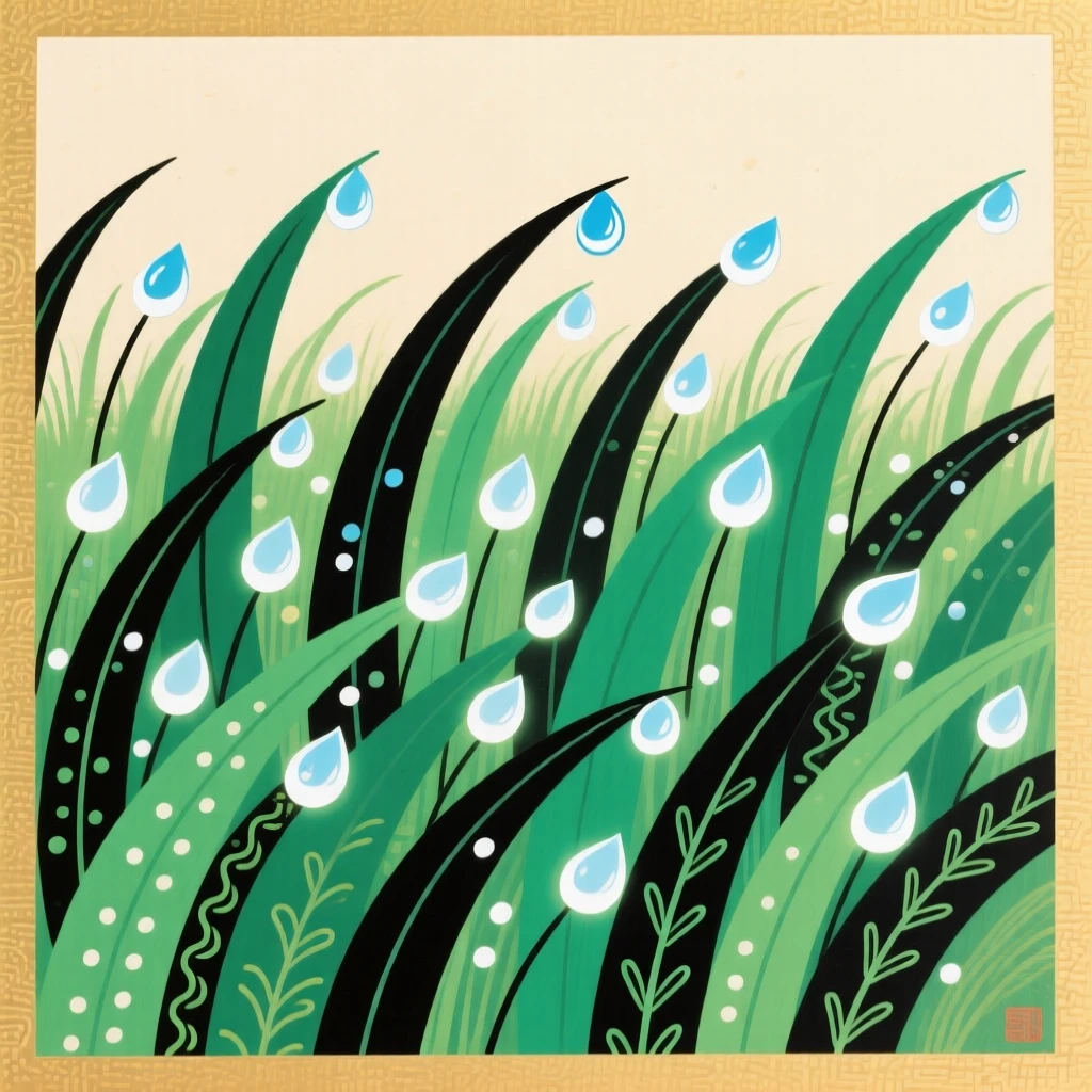 A dreamlike field where every blade of grass holds a single drop of glowing dew.
