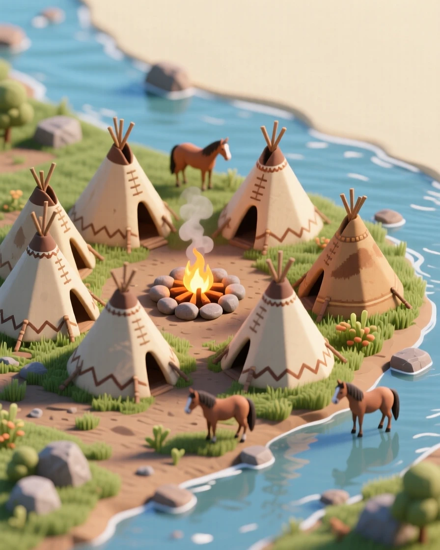 An ancient Native American plains village with tipis arranged near a river, horses grazing, and a fire circle for gathering.