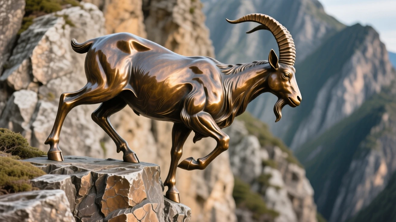 A mountain goat balanced on a sheer cliff face, with elegant, flowing form, evoking wonder and majesty