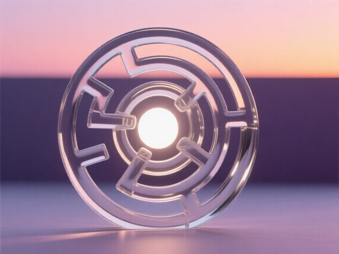 A labyrinth spiraling inward toward a single glowing point, beneath a horizon glowing with the first light of dawn