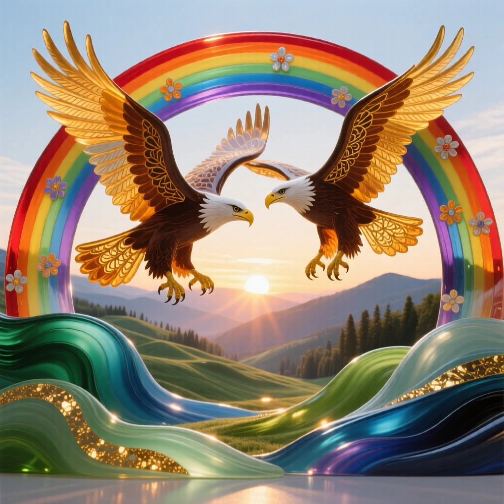 A pair of eagles soaring together above a rainbow-arched valley at the very first light, majestic and hopeful.
