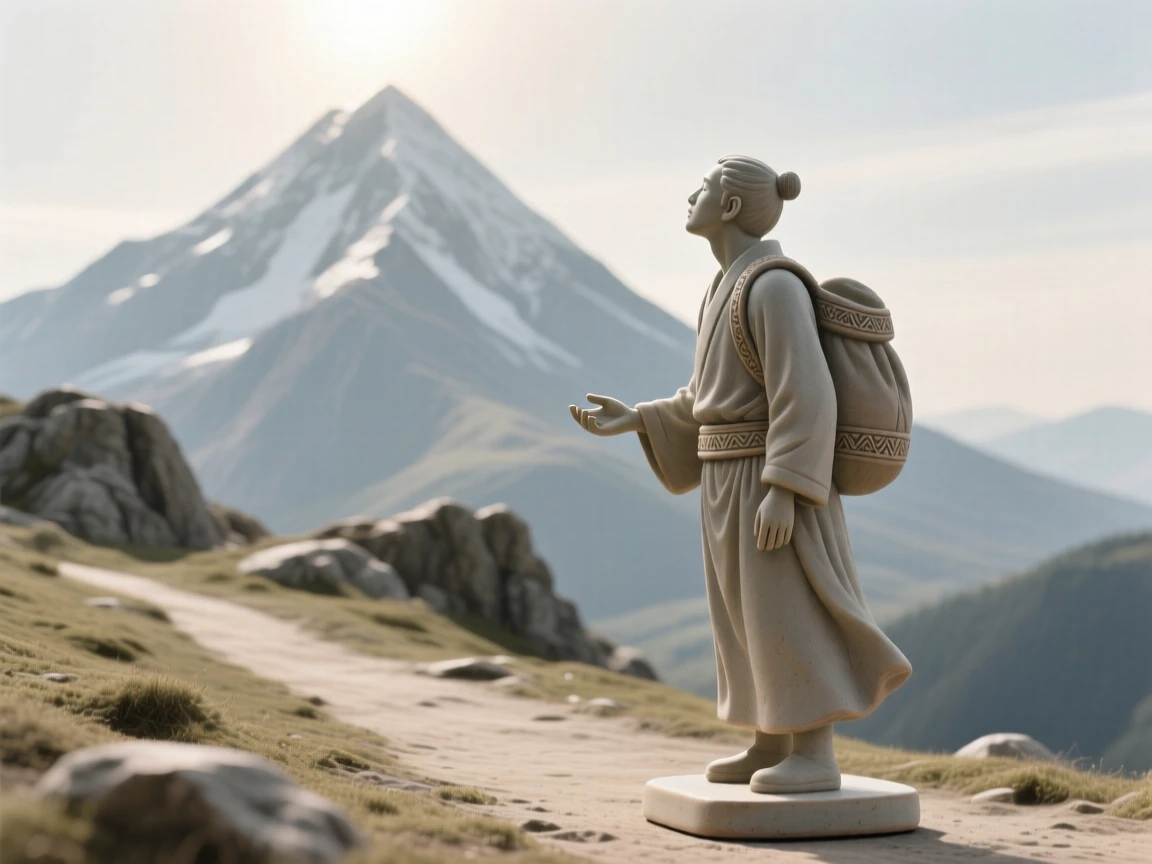 A traveler pausing to admire a distant mountain reaching upward as if toward the light, adorned with simple, elegant ornamentation, capturing a universal moment of human connection.