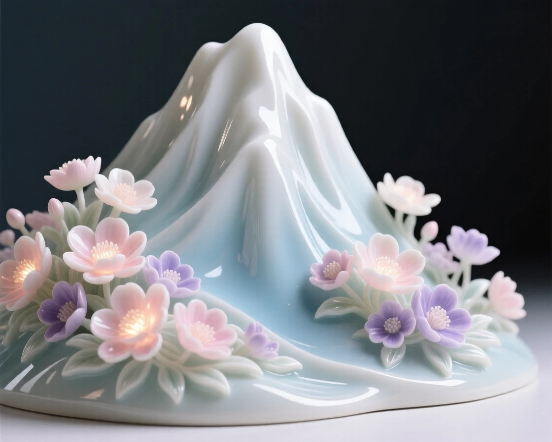 An imaginative vision of a mountain that blooms with flowers made of light, rendered with a sense of calm, magical realism.