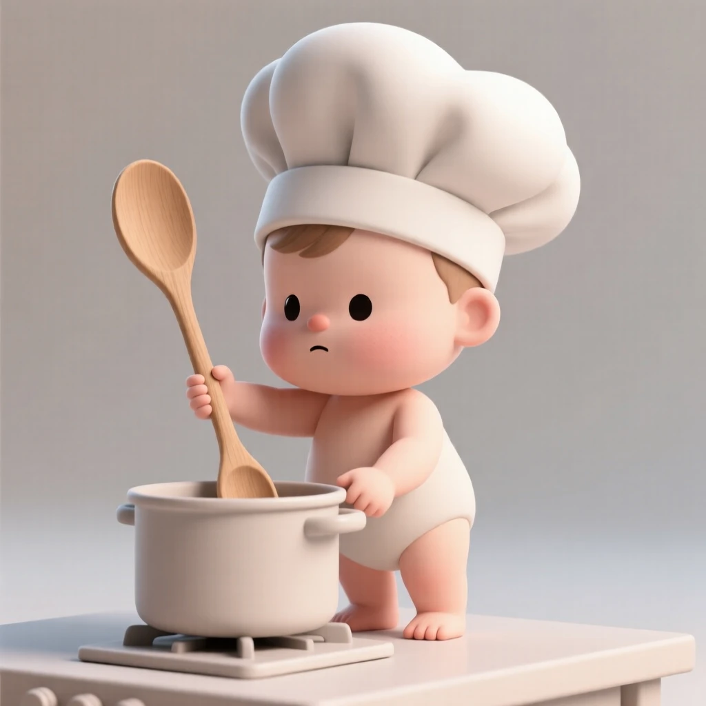 A proud toddler wears an oversized chef hat, stirring an empty pot with total culinary seriousness.