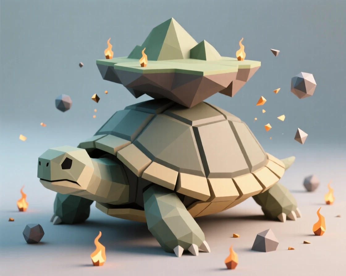 A colossal turtle carrying a floating island on its back, surrounded by drifting magical embers. the scale of the scene emphasizes its grandeur. It radiates a feeling of legendary grandeur.