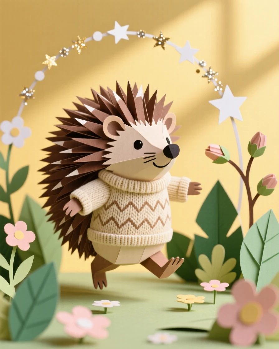 A round fluffy hedgehog in a sweater bouncing through a sunlit garden, with tiny sparkles trailing behind it, evoking cozy storybook charm.