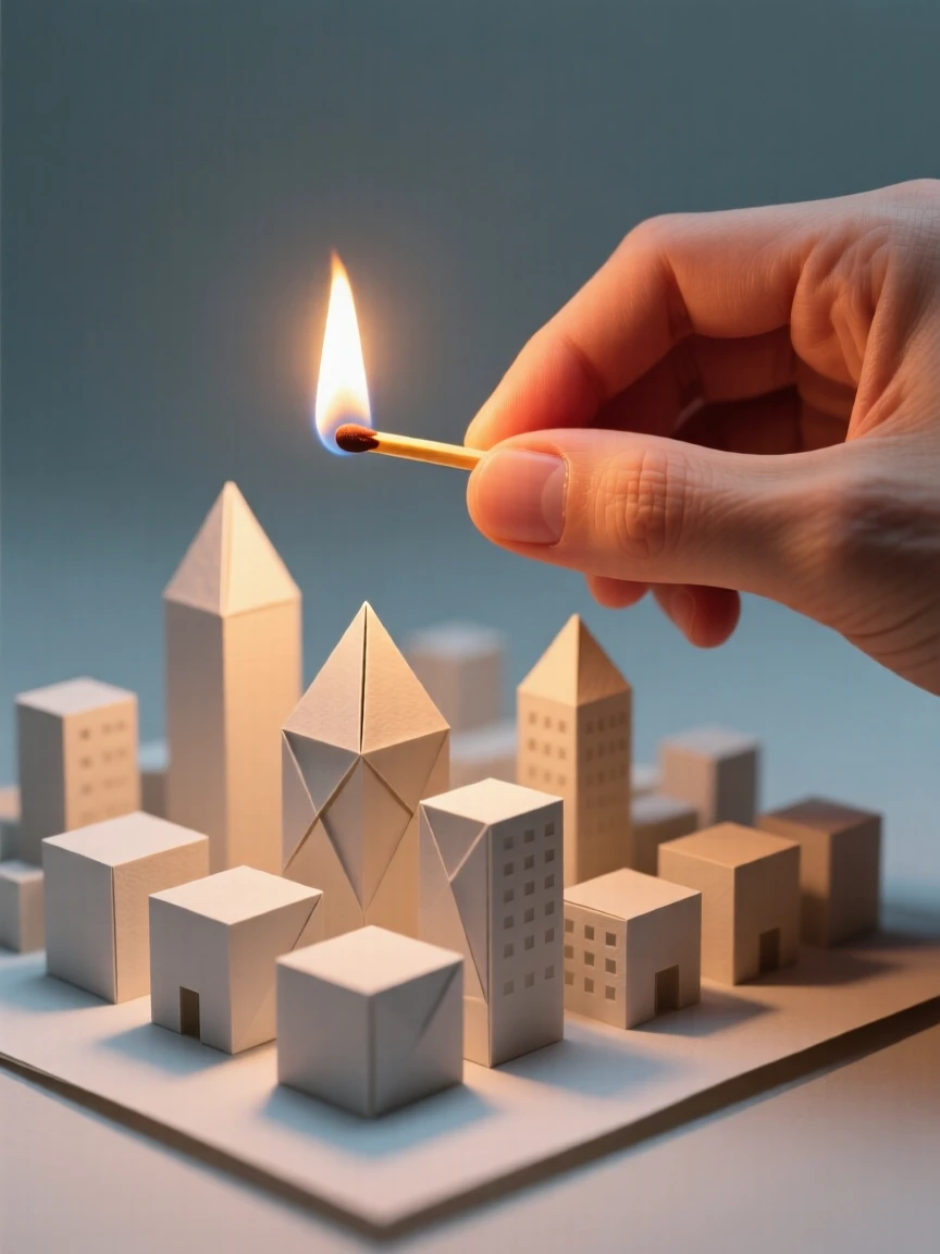 A hand holding a tiny lit match that illuminates an entire miniature cityscape.