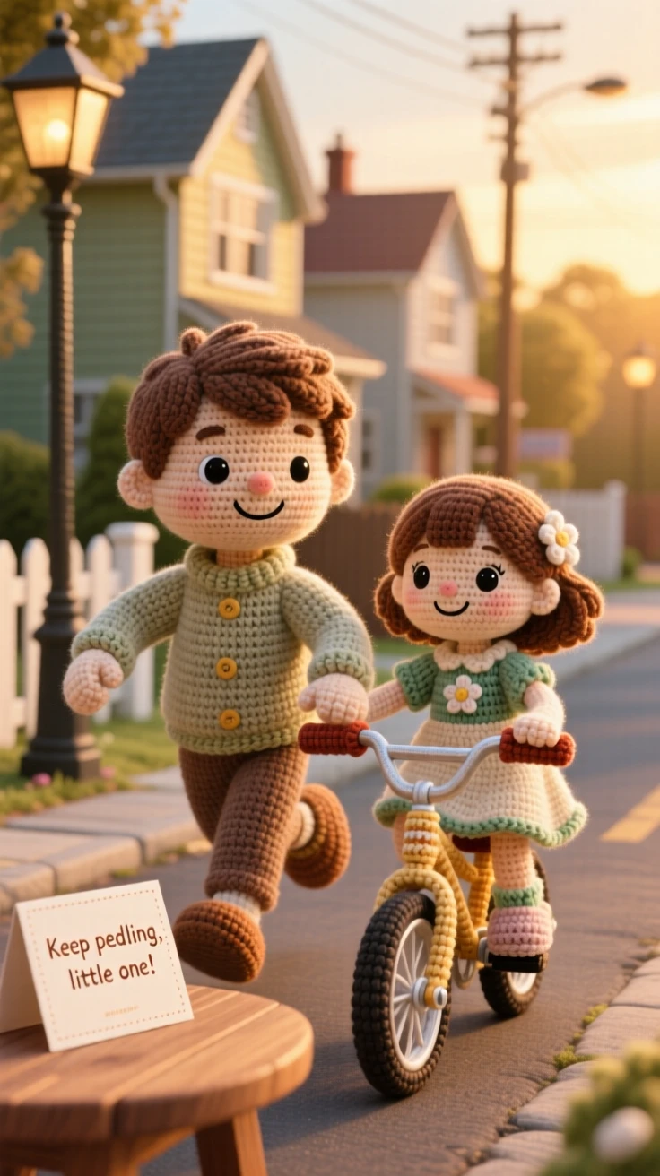 a big brother teaching his little sister to ride a bike, running alongside with a steadying hand, letting go as she pedals confidently, in a quiet neighborhood street at golden hour, with a handmade card resting on the table, radiating warm nostalgia and gentle family tradition.