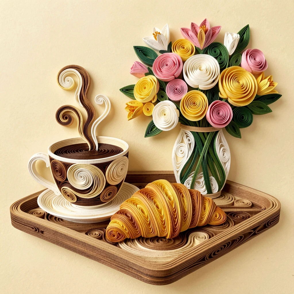 a steaming cup of coffee beside a flaky croissant, on a wooden tray beside a vase of fresh flowers, composed with warm, inviting close-up framing, with soft golden light highlighting every texture.