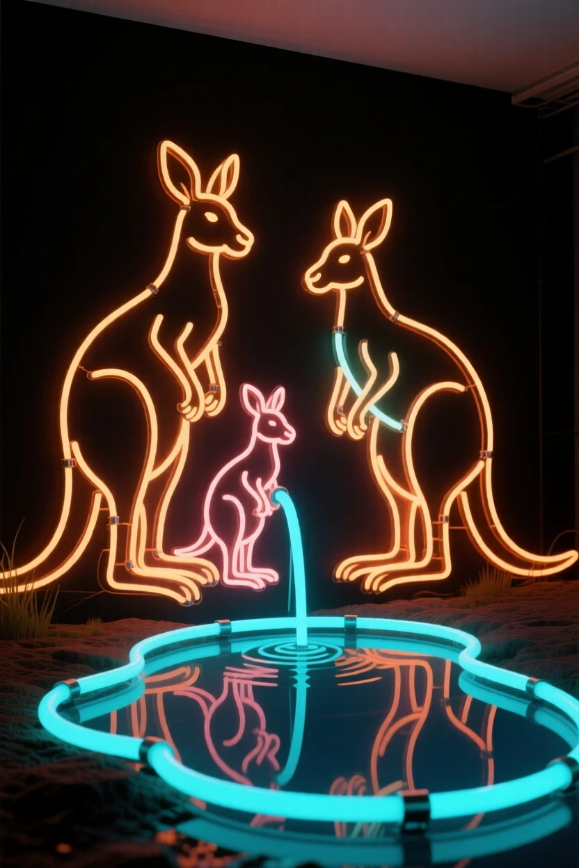A family group of kangaroos gathered near a watering hole.