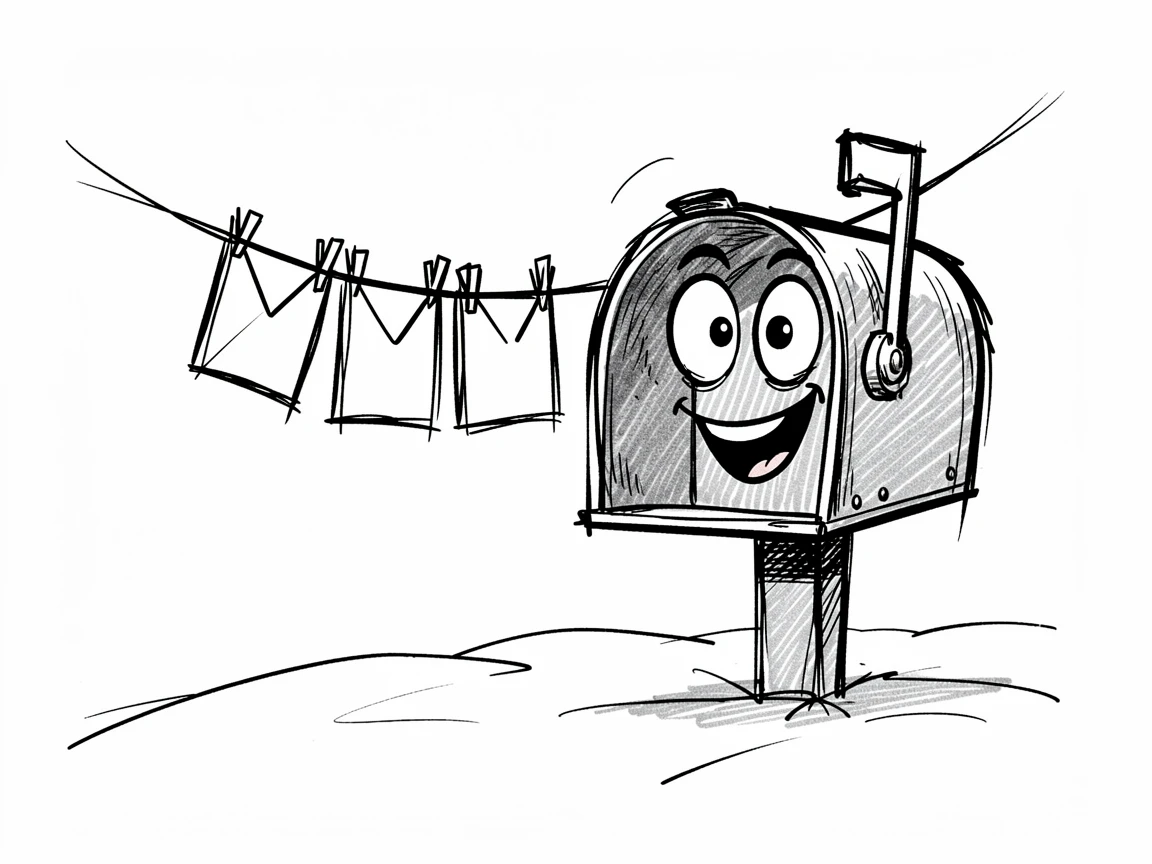 A mailbox with a big smile waiting for letters on a clothesline in winter.