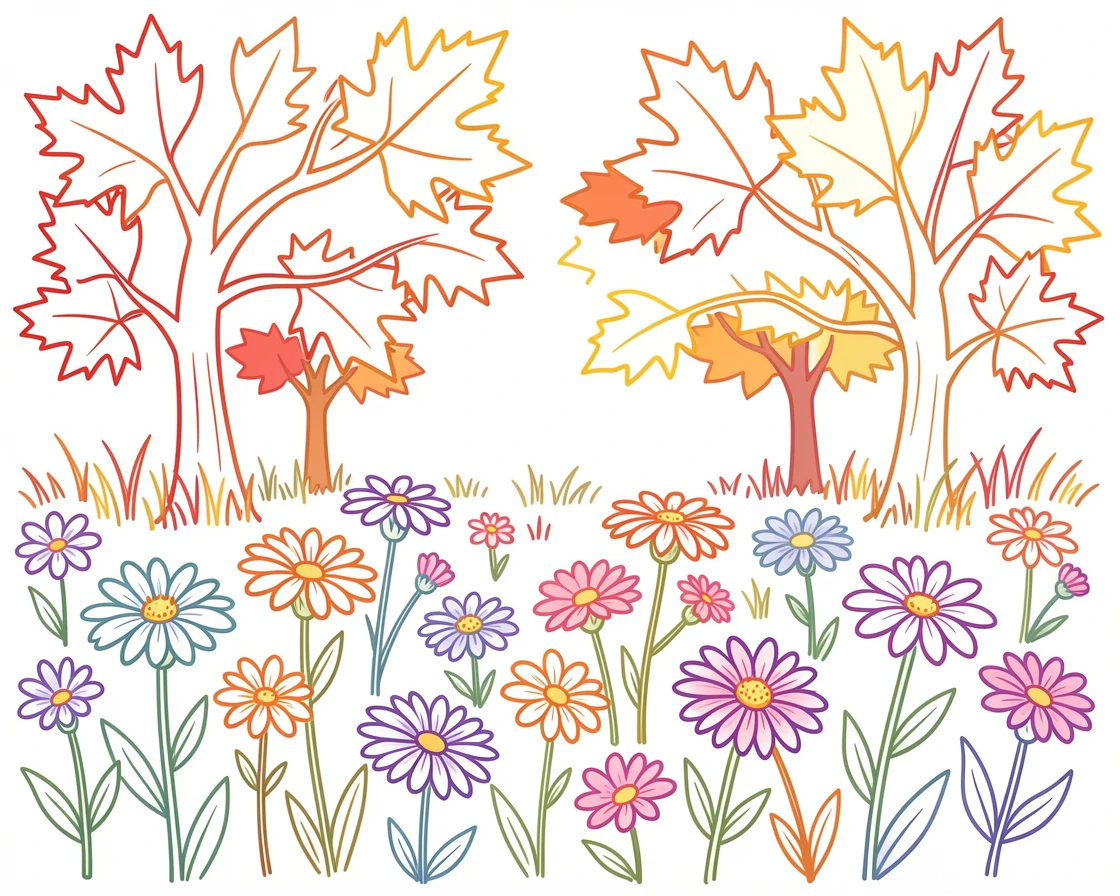 A field of wild asters blooming beneath a canopy of autumn maples.